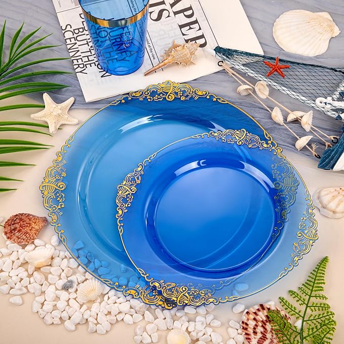 Hioasis 210pcs Blue and Gold Plastic Plates - Elegant Disposable Dinnerware Set Suitable for 30 Guests Include 10.25" Dinner & 7.5" Dessert Plates, Pre Rolled Silverware Set, Cups for Party & Wedding