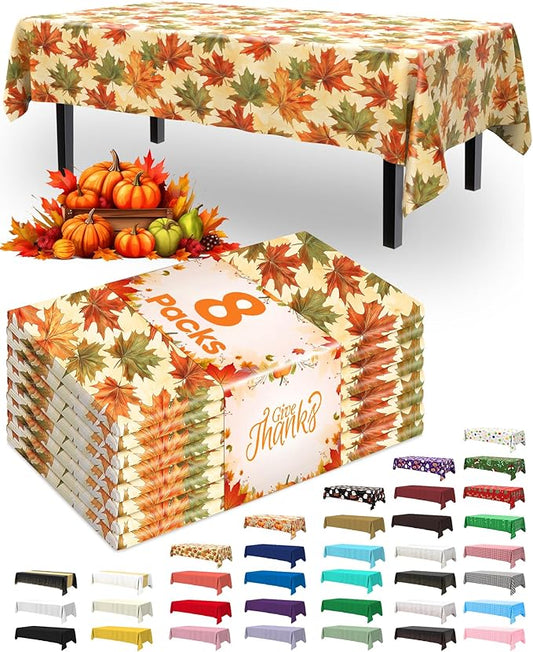 Pureegg Plastic Table Cloth Disposable 8 Pack, 54 x 108 Inch Table Cloths, Thanksgiving Decorations, Harvest Party, Fall Tablecloths, Rectangle Tables, Leakproof & Sturdy, Autumn Maple