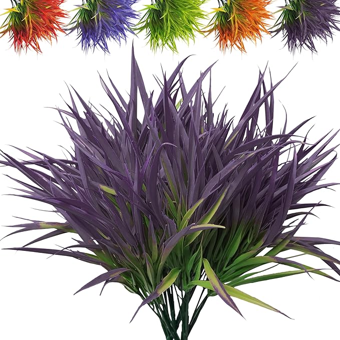 Outdoor Artificial Plants 8Pcs Fake Plants Grass UV Resistant Fake Flowers Bush Greenery,17Inch Tall Faux Grass Shrubs for Home Porch Pathway Garden Décor Outside Indoor (Deep Purple)