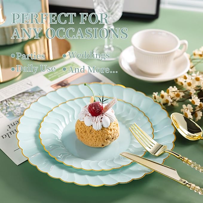 Lullaby 60PCS Sage Green Plastic Plates with Gold Rim, Includes 30PCS Dinner Plate 10.25'' and 30 PCS Dessert Plate 7.5'', Green Disposable Plates for Party, Birthdays, Wedding and Daily Use