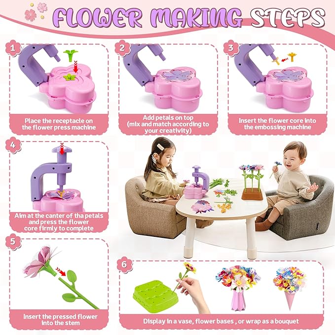 Fabric Flower Bouquets Toys – Mess-Free Flower Crafts for Kids & DIY Arts and Crafts for Child Ages 3 4 5 6 7 8 9+, No Glue Needed, Fun Early Educational STEM Gift for Birthdays, Christmas, Holidays