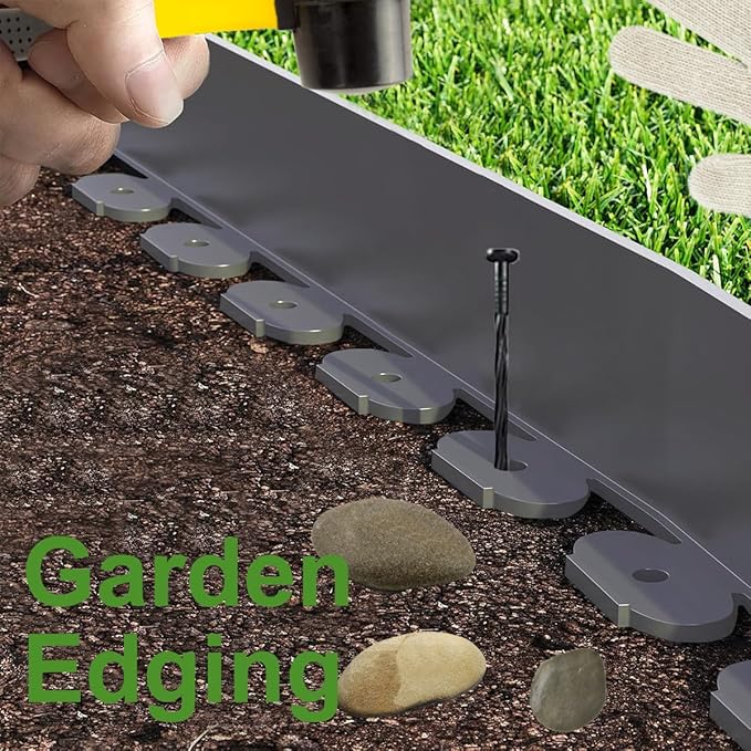 Landscape Edging,33ft x 4inch Tall Plastic Garden Edging Border with 30 Spikes,Lawn Edging for Landscaping Flower Bed,Yard,Patio-Grey