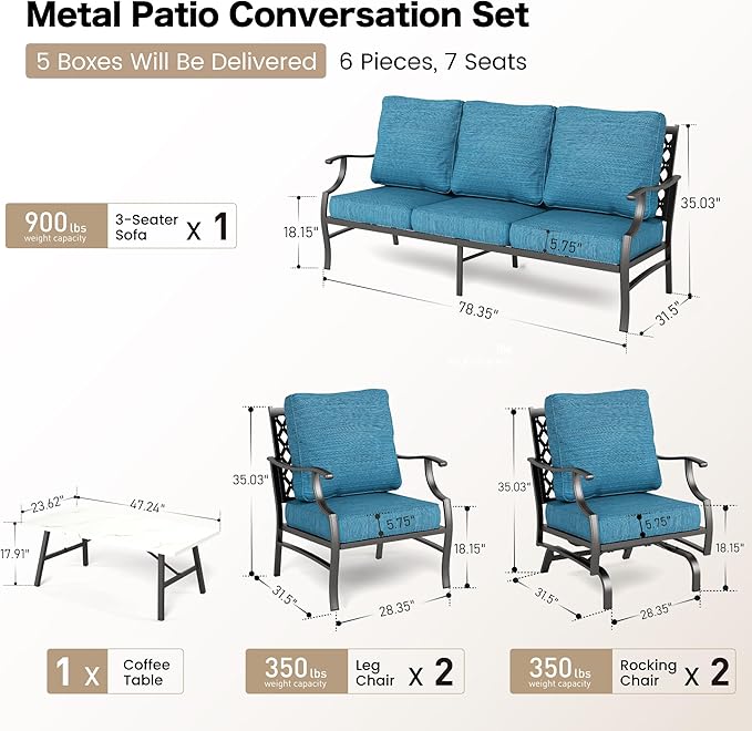 6 Piece Metal Outdoor Patio Furniture Set, Patio Conversation Set 3-Seater Sofa, 2 Rocking Chair, 2 Leg Chair with 5.75" Thick Cushion and Coffee Table, Backyard Furniture Set, Blue-2