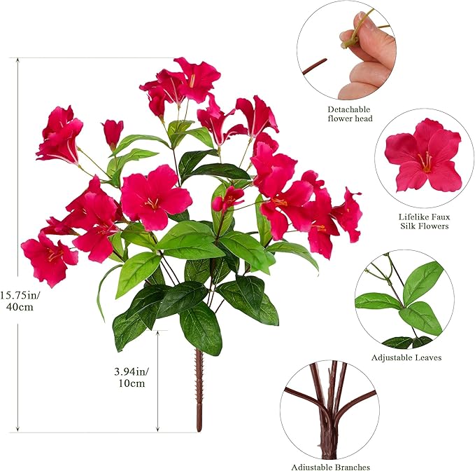 Fake Plants 15.7"Plastic Flowers For Outdoors Artificial Azalea Flowers Fake Flowers Artificial Plants Outdoor Spring Flowers Artificial For Decoration Fake Plants For Outside (Rose Red ）4Pcs