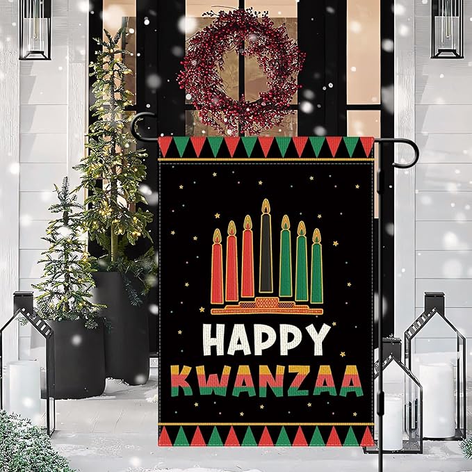 DLZDN Happy Kwanzaa Garden Flag 12×18 Inch Double Sided Vertical Kinara Candles Celebrates African Americans Heritage Farmhouse Yard Flag Outdoor Decor