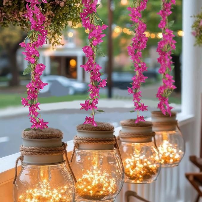 2 Pcs Bougainvillea Artificial Hanging Flowers Plants for Outdoors Fake Silk Bougainvillea Vines Fuchsia Artificial Flower Garland UV Resistant Faux Flowers for Planter Centerpieces Arch Decor