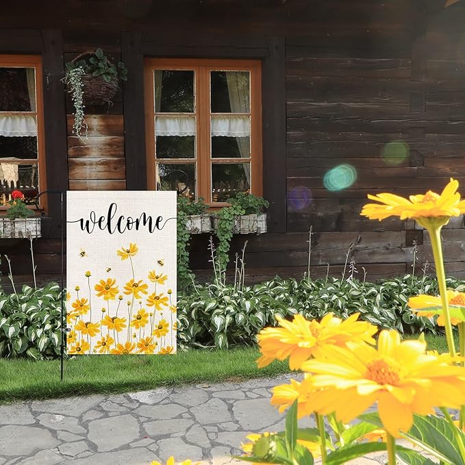 Spring Summer Floral Welcome Garden Flag with LED Lights, 12 x 18 Inch Double Sided Vertical Burlap Sunflower Bee Lighted Garden Flag for Seasonal Holiday Outdoor Yard Decoration