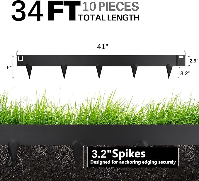 Worth Garden 10-Pack (34Ft Total) Galvanized Steel Landscape Lawn Edging - 6 in. H Bendable Metal Strips - Hammer-in 18-Gauge Flexible Black Edging Border - Yard Pathway Divider - Buckle Connection