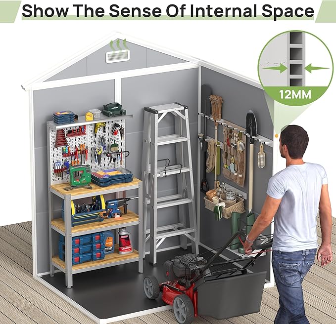 Outdoor Storage Sheds with Floor, 6x4.5 FT Resin Garden Shed with Lockable Door, Window, Waterproof, Plastic Tool Storage for Bike, Garbage Can, Grey White