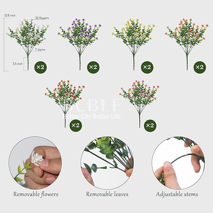 Artificial Flowers for Outdoors, 12 Bundles UV Resistant Realistic Faux Plants for Outside Porch Planter, Spring Summer Home Garden Decoration