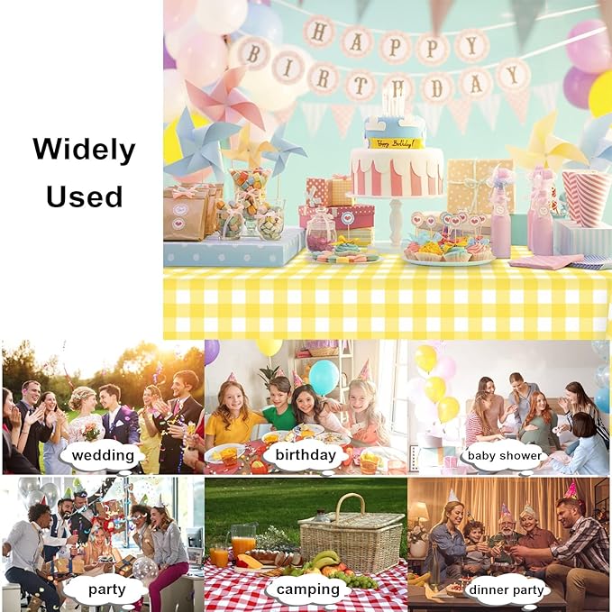 2 Pack Yellow and White Checkered Tablecloth, Yellow Plastic Table Cloths for Parties Disposable, 54 x 108 inch Waterproof Yellow Gingham Camping Tablecloth for Birthday, Party, Picnic, School