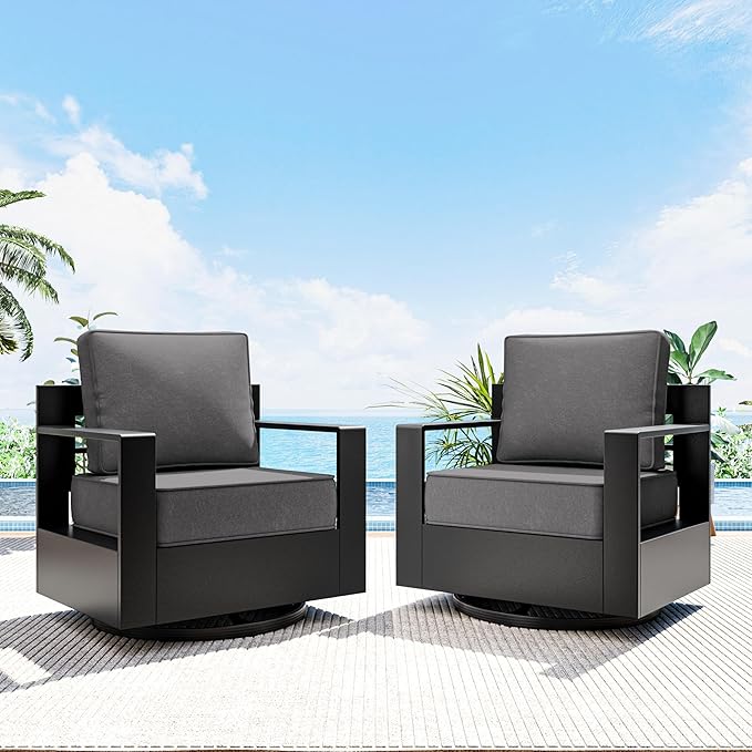 Aluminum Outdoor Swivel Rocker Patio Chairs Set of 2, All-Weather Metal Outdoor Chair with 6 Inch Thick Cushions, Deep Setting for Garden, Outside and Porch