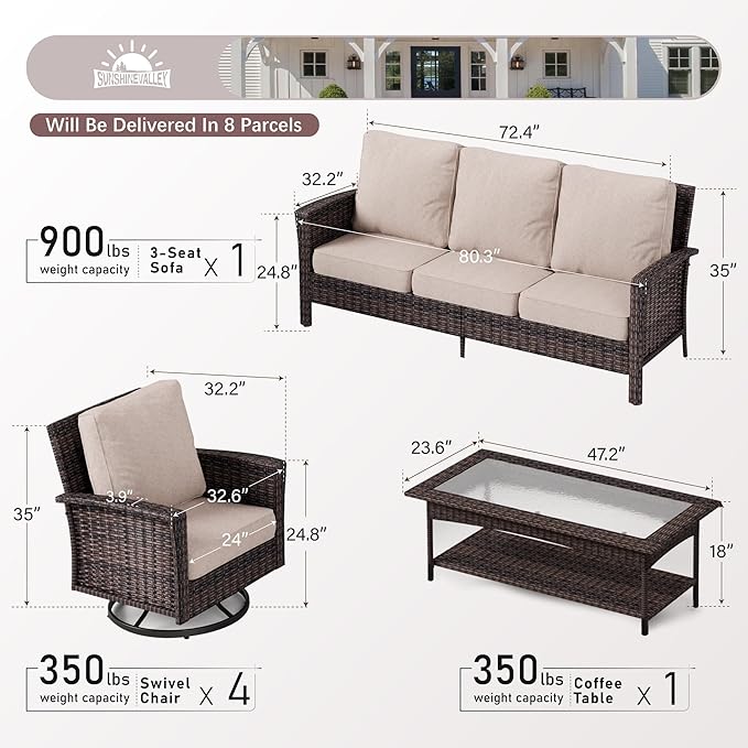 6 Pieces Patio Furniture Set with Swivel Chairs, High Back Wicker Rattan Sofa with Extra Thick Cushion and Coffee Table, Outdoor Conversation Set for Garden Backyard Deck,Beige