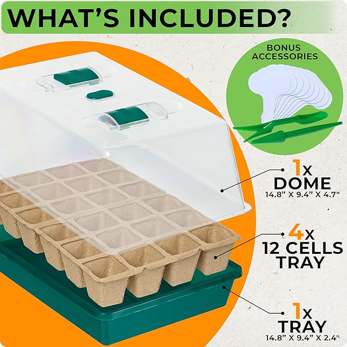 CARPATHEN Seed Starter Tray - Seed Starting Tray with Hard Plastic Humidity Dome and 48 Peat Pots for Seedlings - Plant Germination Trays Plant Starter Kit and Base Mini Greenhouse Germination Kit