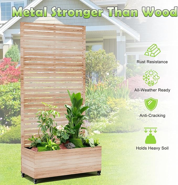 15.7"×70.9"×35.4" Metal Raised Garden Bed with Trellis and Wheels - Tall Trellis Planter Box for Climbing Plants, Vegetables & Vines - Outdoor Privacy Planters for Patio (Acacia Wood Grain)