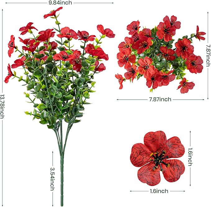 20 Bundles Artificial Flowers for Outdoor Fake Plants for Spring Decoration,Faux Eucalyptus Flowers for Planter UV Resistant Lifelike for Home Porch Garden（Red）