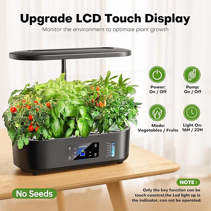 Ahopegarden Hydroponics Growing System Kit Indoor Herb Garden with Grow Light 12 Pods, with LCD Touch Panel Hydroponic Planter, Planting Height Up to 17", Grower Harvest Fresh Veggie Lettuce, Black