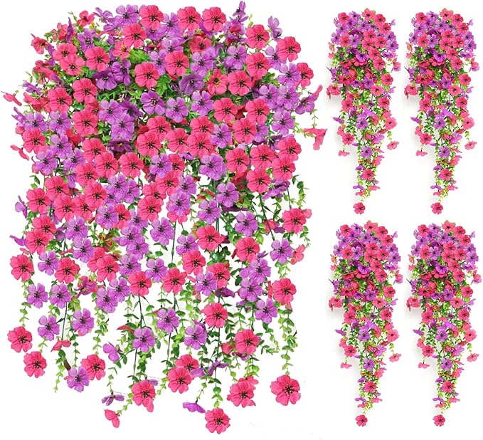 8PCS Artificial Hanging Flowers for Outdoors,Hanging Outdoor Faux Plants,UV Resistant Fake Flowers for Outdoor Planters,Realistic Fake Plants Spring Decor for Porch,Patio,Yard (RedPurple)