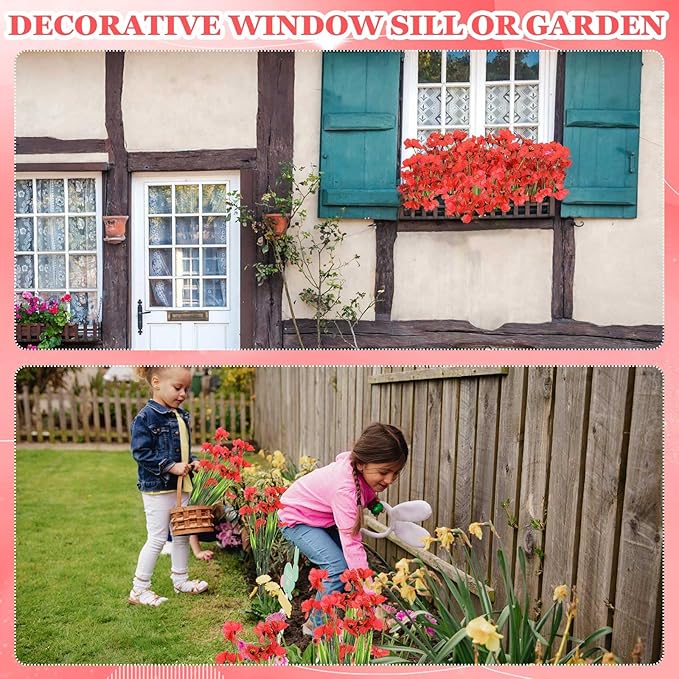 Lyrow 100 Bundles Violet Artificial Flowers, UV Resistant Faux Flowers Outdoor, Faux Silk Flowers, Fake Violet Flowers Bulk for Front Porch Hanging Garden Courtyard Farmhouse Home(Red)