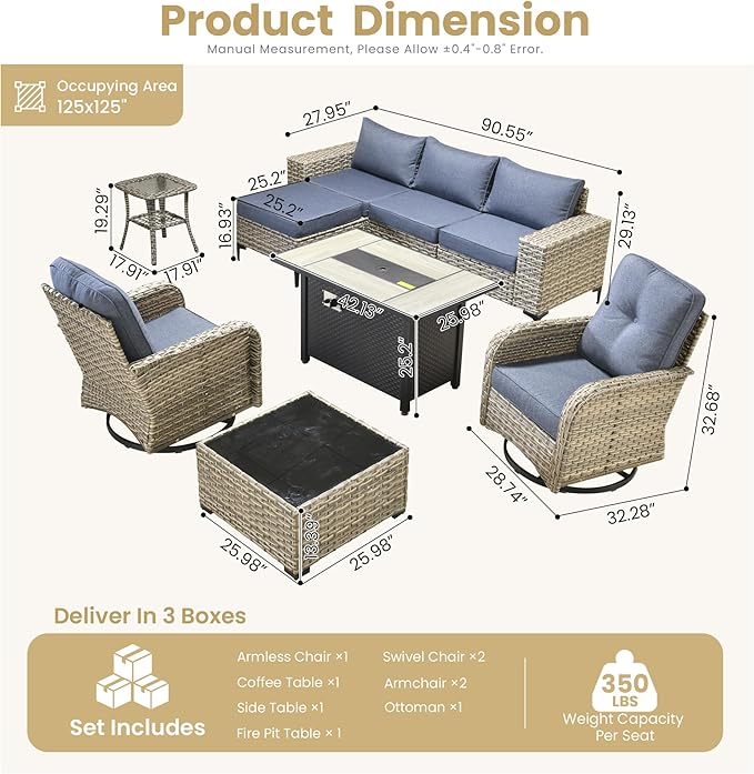 HOOOWOOO Outdoor Sectional Furniture Set with Fire Pit Table,9 Pieces Wicker Patio Conversation Sets,L Shape All Weather Outside Couch Sofa Set with Swivel Chairs Ottoman,Denim Blue