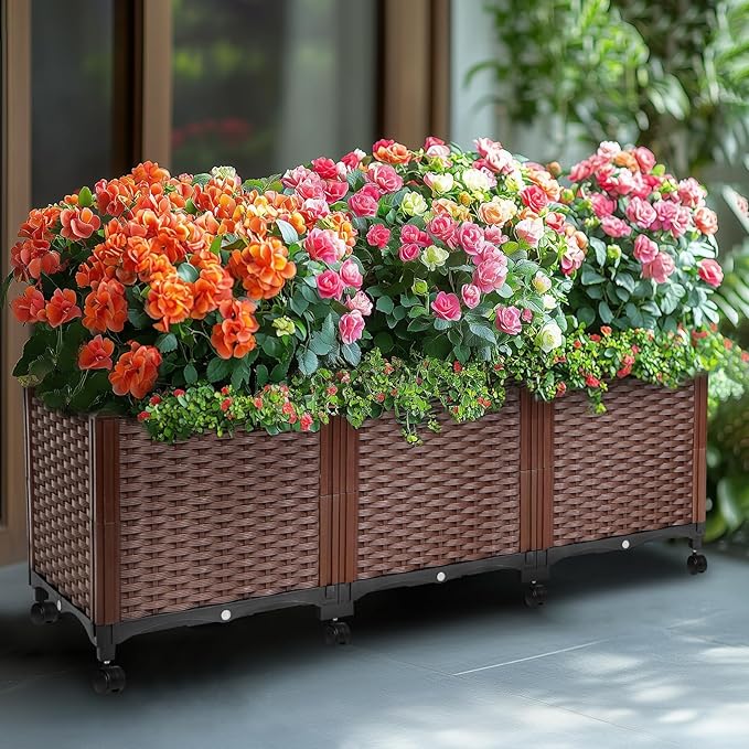 Raised Garden Beds Outdoor With Wheels, Large Garden Planter Box With Drain Outlet and Lockable Wheels, Self Watering Rectangular Planters for Outdoor Plants Flowers Vegetables, 47.2"X15.7"X16.1"