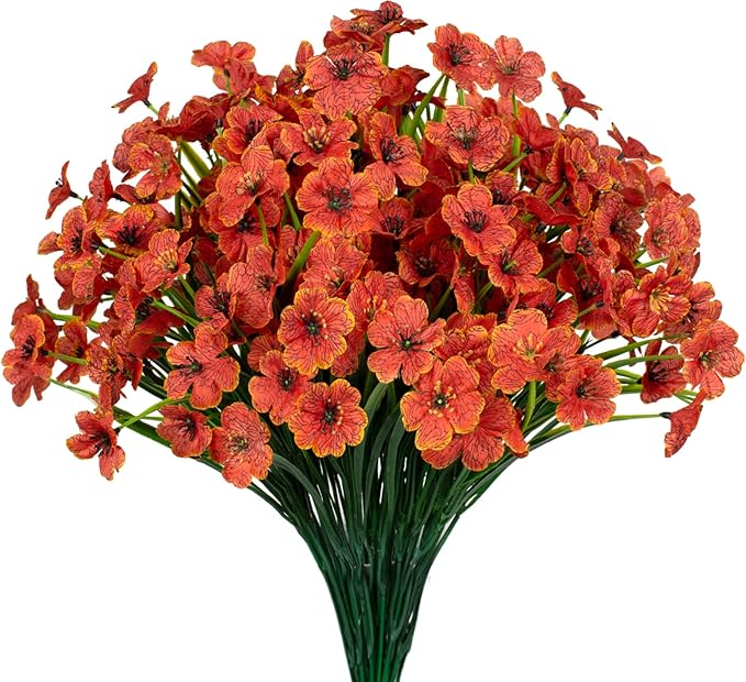 15 Bundles Artificial Flowers UV Resistant Outdoor Plants No Fade Faux Plastic Shrubs Fake Silk Flowers Window Box Garden Porch Home Decoration(Orange)