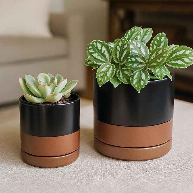 D'vine Dev 3.5 Inch & 4.7 Inch Ceramic Planter Pots for Plants with Drainage Hole and Saucer, X-Small Plant Pots Set, Black/Speckled Tan, 94-G-XS-7