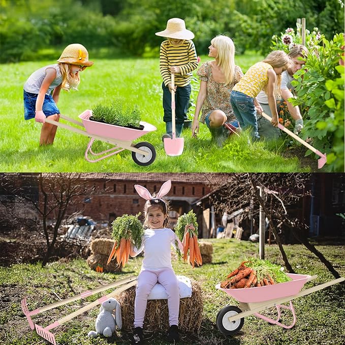 Kids Wheelbarrow Set with Gardening Tools Outdoor Backyard Garden Play for Toddlers Boys Girls 3-8, with Shovel, Rake, Leaf Rake, Easter Birthday Gifts (Pink Garden Set)