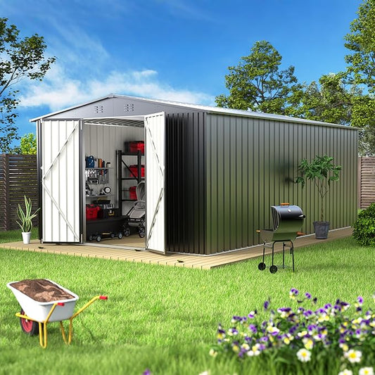 10 x 14 FT Outdoor Storage Shed, Metal Waterproof Storage Shed Steel Utility Garden Tool Shed with Door & Lock Outdoor Storage,All-Weather Shelter for Bike, Gardening Tools, Lawn Mowers