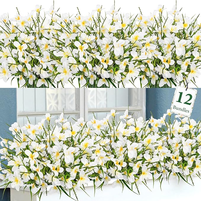 Ouddy Decor 12 Bundles Artificial Flowers for Outdoors Decoration, Fake Freesia Silk Flowers UV Resistant Artificial Plants for Summer Indoor Outside Garden Wedding Farmhouse Porch Home Decor, White