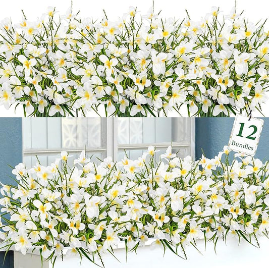 Ouddy Decor 12 Bundles Artificial Flowers for Outdoors Decoration, Fake Freesia Silk Flowers UV Resistant Artificial Plants for Summer Indoor Outside Garden Wedding Farmhouse Porch Home Decor, White