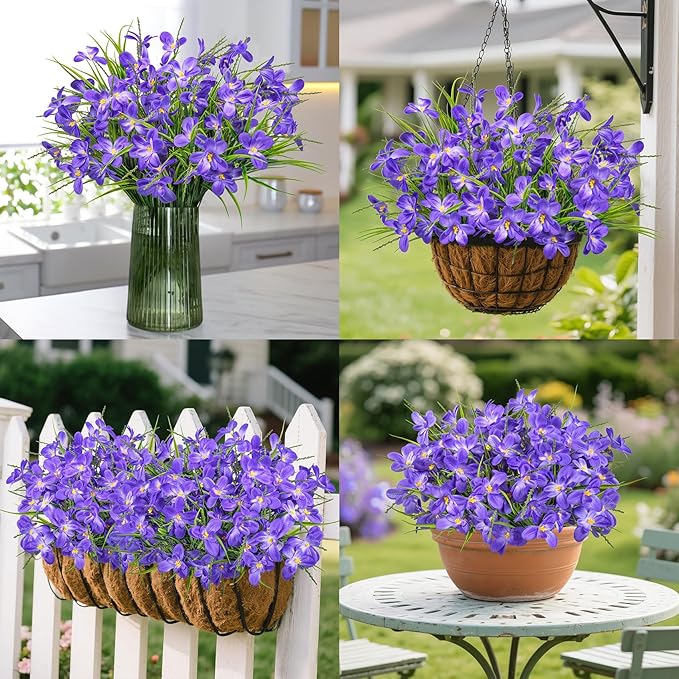 Ouddy Decor 12 Bundles Artificial Flowers for Outdoors Decoration, Fake Freesia Silk Flowers UV Resistant Artificial Plants for Summer Indoor Outside Garden Wedding Farmhouse Porch Home Decor, Purple