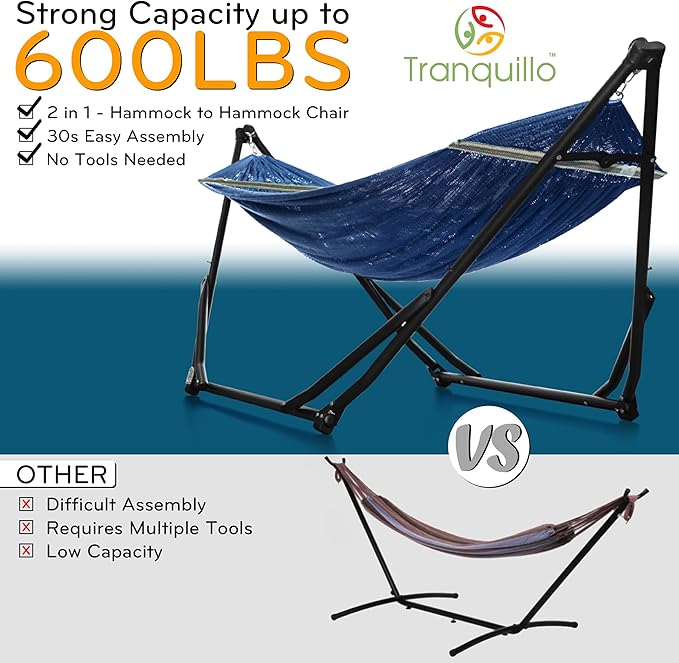 Tranquillo UniGen Hammock, Hammock with Stand Heavy Duty Indoor/Outdoor Hammock with Signature Steel Stand, 600lbs Premium Foldable, Durable 2-Layered Soft Polyester, Aegean