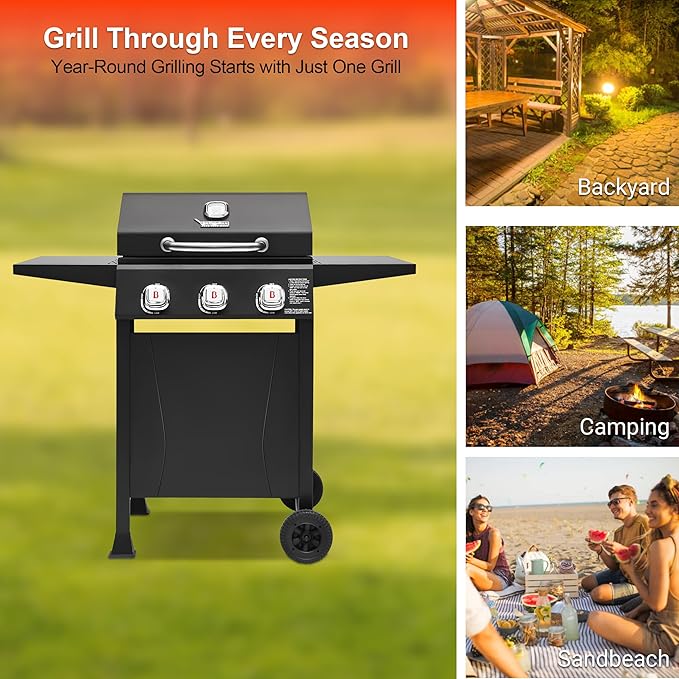 Brand-Man 3-Burner Propane Gas Grill, 27,000 BTU BBQ Grill with Porcelain-Enameled Grates, Built-In Thermometer, Side Shelves, Heavy-Duty Wheels – Outdoor Grill for Patio, Backyard & Garden