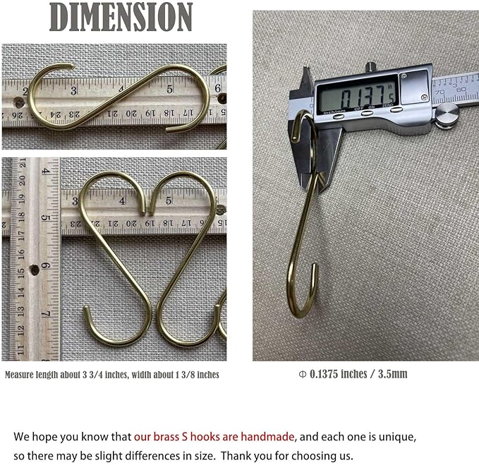 20 Pack Solid Brass S Hooks for Hanging Pan Pot Coffee Mugs Jeans Bags Holder Rack Hangers Kitchenware Utensils Rail