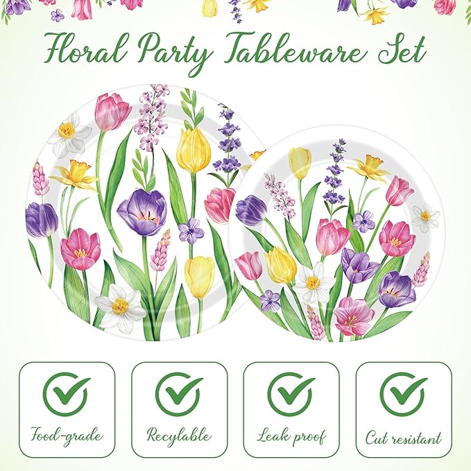 Mumufy 100 Pack Wild Floral Paper Plates Flower Dinner Decoration 9" & 7" Disposable Watercolor Dessert Plates for Wedding Birthday Baby Shower Bridal Tea Party Supplies(Tulip Flowers)