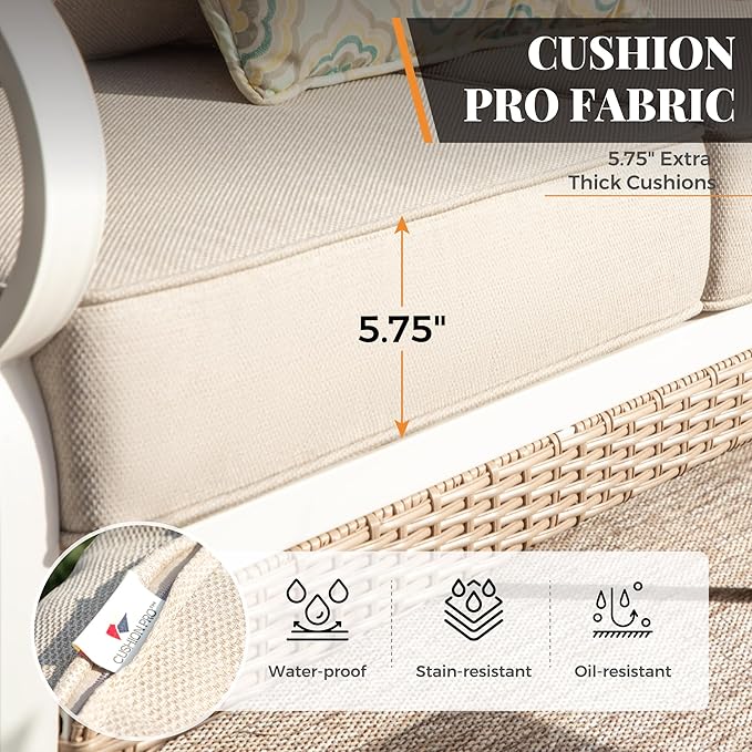 5 Piece Patio Furniture Set, 2 x Rocking Chair, 1 x 2-Seat Sofa, 1 x 3-Seat Sofa with Marbling Coffee Table, All Cushioned 7 Seats Outdoor Conversation Set, Beige