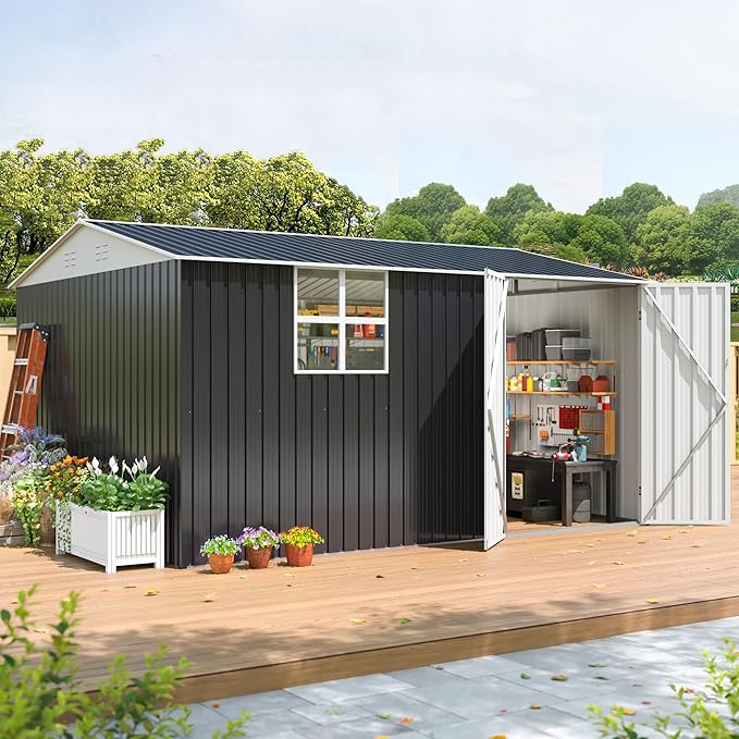 10X12 FT Outdoor Storage Shed, Metal Garden Shed with Updated Lockable Doors and Frame Structure, Large Tool Sheds for Backyard Garden Patio Lawn,Black