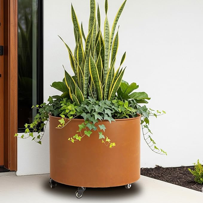 Steel Planter with Wheels - 14.6" Weathering Raised Garden Bed for Tomatoes & Vines, 360° Swivel Indoor/Outdoor Use, Thick-Gauge Rust-Resistant Metal Trough (Brown)