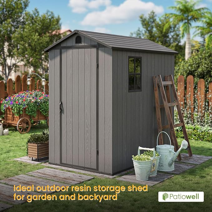 Patiowell 4' x 6' Outdoor Storage Shed with Floor, Plastic Shed Outside Resin Tool Shed with Window and Lockable Door for Backyard Garden Patio Lawn, Dark Grey (Fit-it Shed)