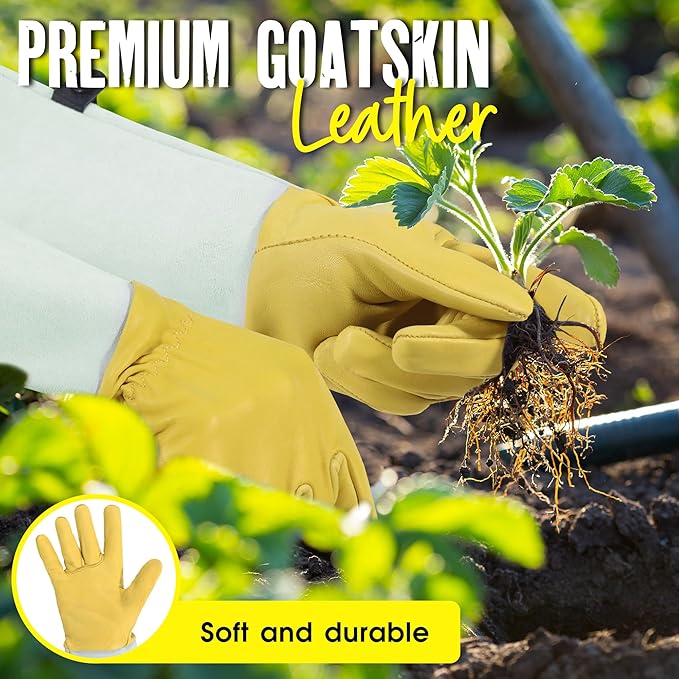 HANDLANDY Rose Gloves for Men & Women, Long Leather Gardening Gloves Thorn Proof, Best Garden Gifts & Tools for Gardener (Yellow-beige, Small (Pack of 1))