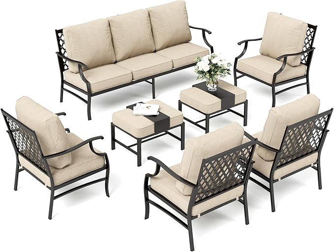 Patio Furniture Set, Modern Metal Outdoor Patio Furniture, 3 Seater Sofa, 4 Single Chairs, 2 Ottomans with 5.75" Extra Thick Cushion, Patio Conversation Set for Backyard Deck