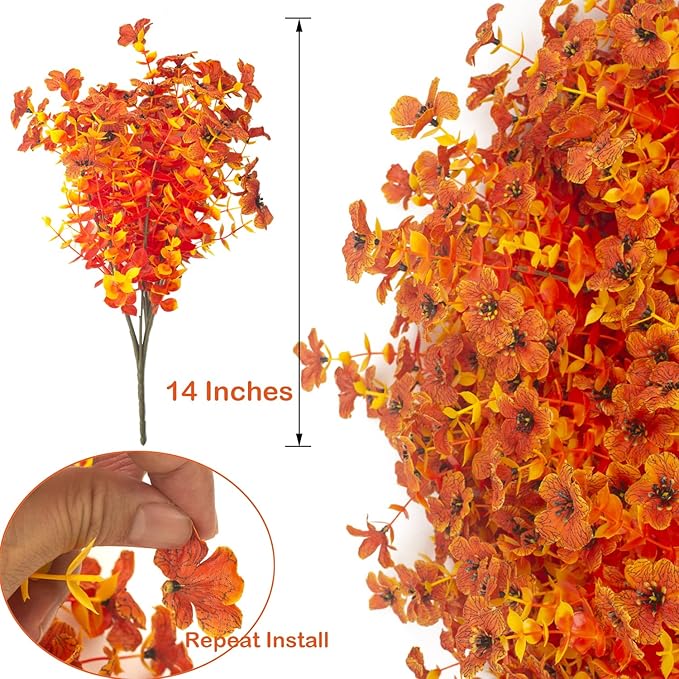 16 Bundles Artificial Fall Flowers for Outdoors Fake Plants UV Resistant Plastic Plants Shrubs Bushes for Home Fall Front Door Porch Garden Autumn Decor (Fall Orange)