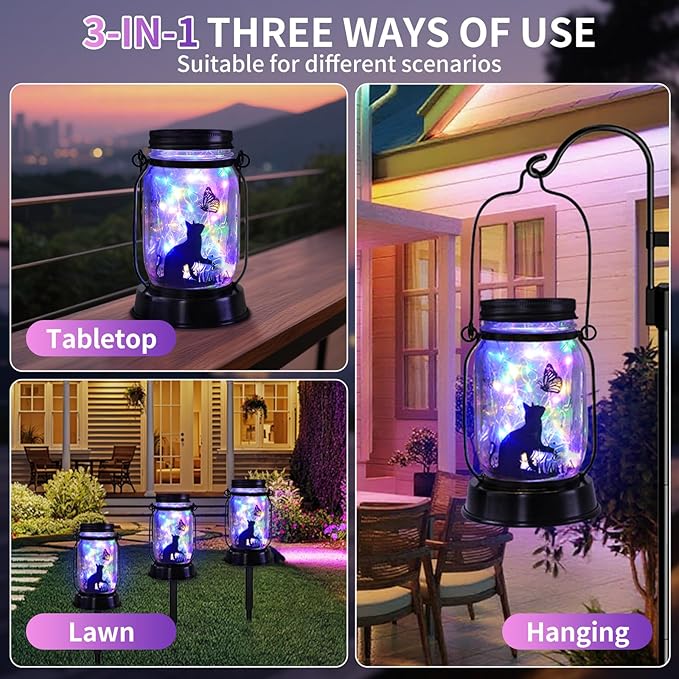Cat Gifts for Women/Men Cat Solar Lanterns Kitty Mom Birthday Kitty Lovers Lantern Pet Loss Pet Memorial Lights Solar Garden Decoration for Yard, Patio,Backyard,Porch Torches