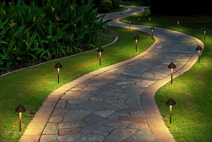 GKOLED Solid Brass Landscape Path Lights (5" Shade, 20" Tall), Low Voltage LED 3W 12-24V AC/DC Conehead Path Lighting, 2700K Outdoor Waterproof Walkway Light, with Stake and G4 Bulb, 12 Pack