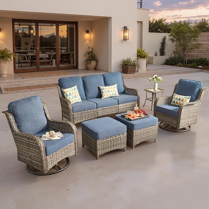ovios 6 Pieces Patio Furniture Set, Outdoor Wicker Sofa Couch with Swivel Chairs Ottomans Comfy Cushions, All Weather High Back Modern Conversation Sets, Grey Rattan, Denim Blue