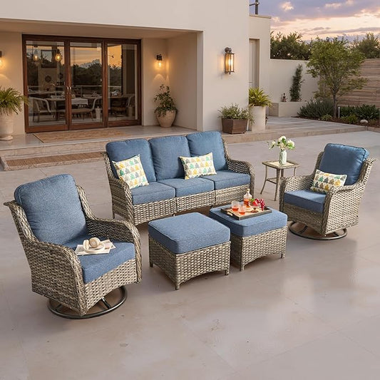 ovios 6 Pieces Patio Furniture Set, Outdoor Wicker Sofa Couch with Swivel Chairs Ottomans Comfy Cushions, All Weather High Back Modern Conversation Sets, Grey Rattan, Denim Blue