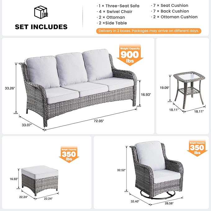 ovios 9 Pieces Patio Furniture Set, Outdoor Wicker Sofa Couch with Swivel Chairs Ottomans Comfy Cushions, All Weather High Back Modern Conversation Sets, Grey Rattan, Grey