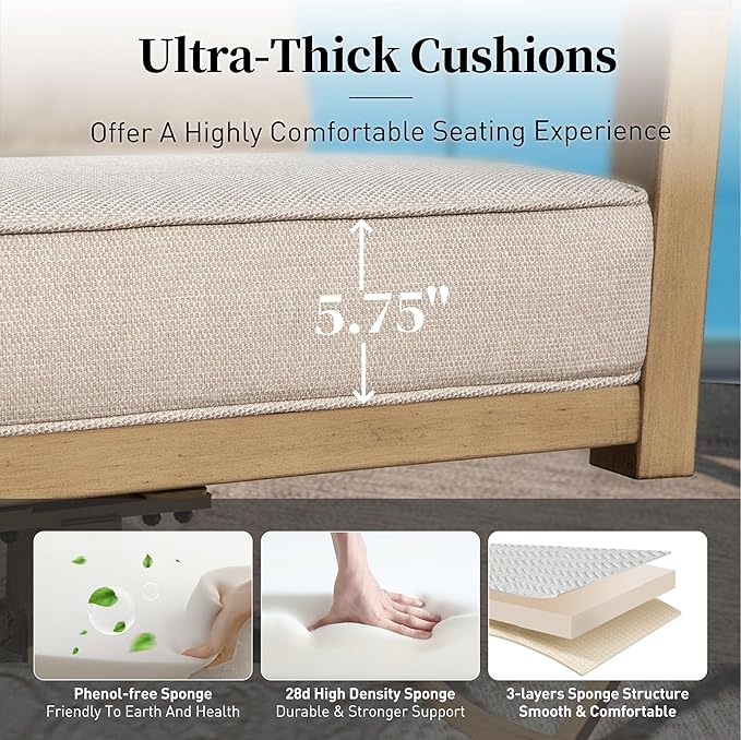 Patio Conversation Set,5 Pcs Metal Outdoor Furniture with 3-Seater Sofa,2 Single Chairs,Metal Nested Table and 5.75" Extra Thick Cushion for Lawn Garden Backyard,Beige