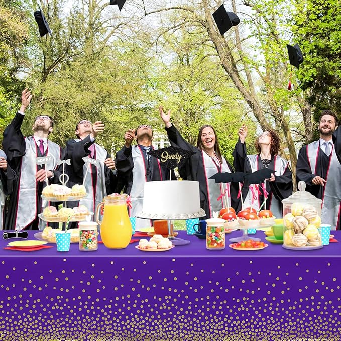 6 Pack Purple and Gold Dot Tablecloth, Purple Plastic Table Cloths for Parties Disposable, 54x108 in Waterproof Rectangular Purple Camping Tablecloth for Birthday Party Graduation Picnic